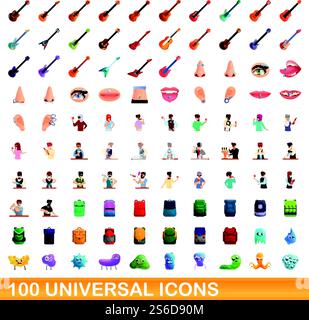 100 universal icons set. Cartoon illustration of 100 universal icons vector set isolated on white background. 100 universal icons set, cartoon style Stock Vector