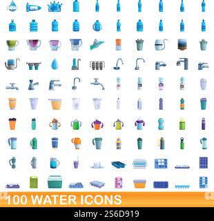 100 water icons set. Cartoon illustration of 100 water icons vector set isolated on white background. 100 water icons set, cartoon style Stock Vector