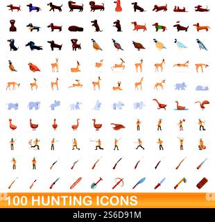 100 hunting icons set. Cartoon illustration of 100 hunting icons vector set isolated on white background. 100 hunting icons set, cartoon style Stock Vector