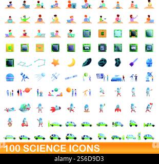 100 science icons set. Cartoon illustration of 100 science icons vector set isolated on white background. 100 science icons set, cartoon style Stock Vector