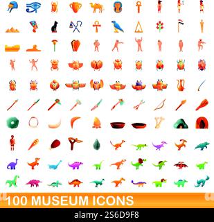 100 museum icons set. Cartoon illustration of 100 museum icons vector set isolated on white background. 100 museum icons set, cartoon style Stock Vector