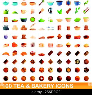 100 tea and bakery icons set. Cartoon illustration of 100 tea and bakery icons vector set isolated on white background. 100 tea and bakery icons set, cartoon style Stock Vector