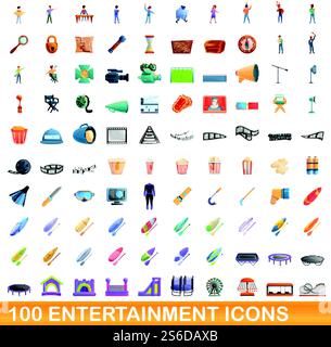 100 entertainment icons set. Cartoon illustration of 100 entertainment icons vector set isolated on white background. 100 entertainment icons set, cartoon style Stock Vector