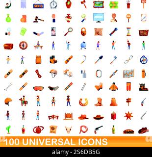 100 universal icons set. Cartoon illustration of 100 universal icons vector set isolated on white background. 100 universal icons set, cartoon style Stock Vector