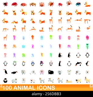 100 animal icons set. Cartoon illustration of 100 animal icons vector set isolated on white background. 100 animal icons set, cartoon style Stock Vector