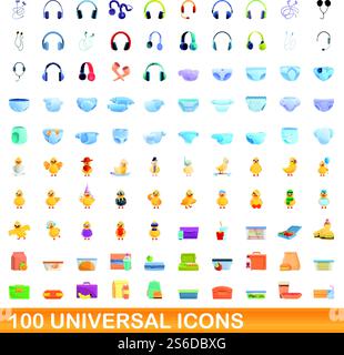100 universal icons set. Cartoon illustration of 100 universal icons vector set isolated on white background. 100 universal icons set, cartoon style Stock Vector