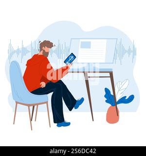 Voice Assistant Using Man On Smartphone Vector. Boy Talking With Digital Assistant Mobile Phone Application. Character With Electronic Gadget Conversation Flat Cartoon Illustration. Voice Assistant Using Man On Smartphone Vector Stock Vector