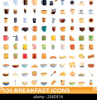 100 breakfast icons set. Cartoon illustration of 100 breakfast icons vector set isolated on white background. 100 breakfast icons set, cartoon style Stock Vector