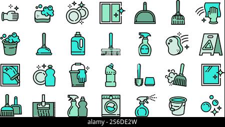 Cleaner equipment icons set. Outline set of cleaner equipment vector icons for web design isolated on white background. Cleaner equipment icons set, outline style Stock Vector
