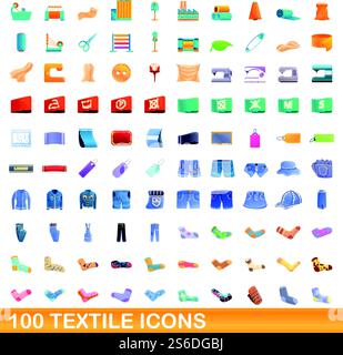 100 textile icons set. Cartoon illustration of 100 textile icons vector set isolated on white background. 100 textile icons set, cartoon style Stock Vector