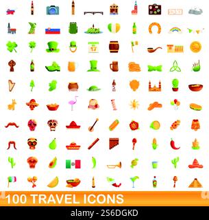 100 travel icons set. Cartoon illustration of 100 travel icons vector set isolated on white background. 100 travel icons set, cartoon style Stock Vector