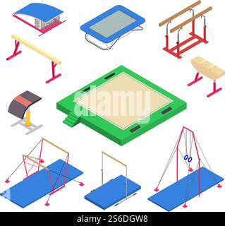 Gymnastics equipment icons set. Isometric set of gymnastics equipment vector icons for web design isolated on white background. Gymnastics equipment icons set, isometric style Stock Vector