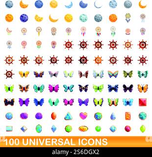 100 universal icons set. Cartoon illustration of 100 universal icons vector set isolated on white background. 100 universal icons set, cartoon style Stock Vector
