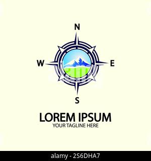 Compass with mountain for logo design illustrator  exploration icon  hiking tool. Stock Vector