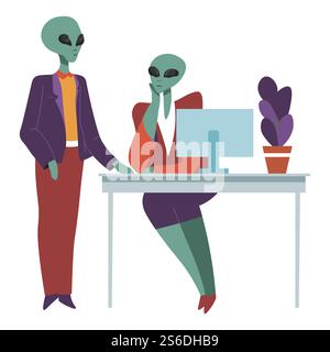 Extraterrestrial characters at work, isolated aliens at working place. Male and female personages, humanoid civilization from space in office. Boss and secretary talking, vector in flat style. Aliens at work talking on working place, boss and secretary Stock Vector