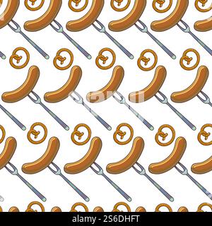 Traditional german food and snacks seamless pattern. Sausages on fork, grilled meat and baked pretzels. tasty meal roasted or fried. Nutrition and dieting, prepared dishes. Vector in flat style. Grilled sausages on fork and pretzels seamless pattern Stock Vector