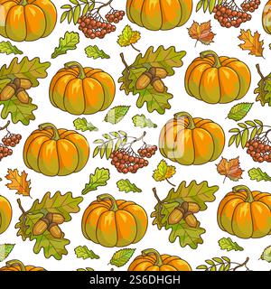 Autumn vegetables, berries and foliage seamless pattern. Organic pumpkin and branch of rowanberries, leaves of maple and oak trees. Leafage and acorns, autumnal harvesting vector in flat style. Ripe pumpkin, maple leaves and rowanberry seamless pattern Stock Vector