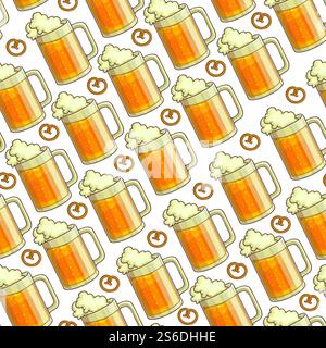 Alcoholic beverage poured in glass, foamy beer seamless pattern. Drink with crispy snack, oktoberfest celebration. Pub or bar print for menu. Pale ale or lager, alcohol and food vector in flat style. Glasses filled with beer and foam seamless pattern Stock Vector