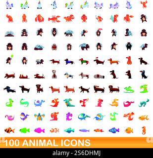100 animal icons set. Cartoon illustration of 100 animal icons vector set isolated on white background. 100 animal icons set, cartoon style Stock Vector