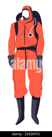 Suit protecting from radiation, pollution or biohazard substances and disease transmission. Safety clothes worn by disinfecting services workers, medical staff. Danger of coronavirus, vector. Hazmat suit of disinfecting service, laboratory workers, medical staff Stock Vector