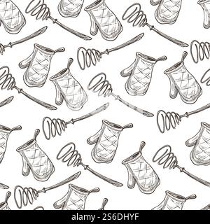 Protective glove for baking and whisk seamless pattern. Kitchenware and clothes, potholder protecting from burns. Kitchen appliance and utensils. Monochrome sketch outline, vector in flat style. Whisk and baking glove, textile mitten seamless pattern Stock Vector