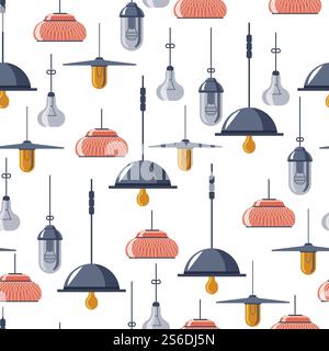 Hanging lamps for retro, vintage or loft interior seamless pattern. Light bulbs illuminating, Scandi or minimalist chandelier glowing. Luxurious decor for dwelling, vector in flat style illustration. Vintage and retro lamps, light bulbs seamless pattern Stock Vector