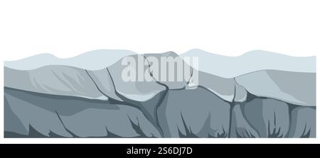 Landscape showing mountains and rocks of abandoned place. Scenery with gloomy atmosphere, surroundings with rigid relief and cliffs, wilderness area with rough ground texture. Vector in flat style. Gloomy panoramic landscape with rocks and mountains vector Stock Vector
