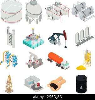 Refinery plant icons set. Isometric set of refinery plant vector icons for web design isolated on white background. Refinery plant icons set, isometric style Stock Vector
