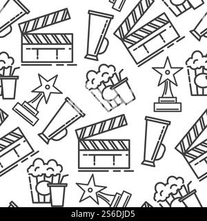 Filmmaking industry colorless seamless pattern. Cinema industry and related objects, clapper board and award in shape of star. Popcorn snack and soda, megaphone of director vector in flat style. Cinema industry, clapperboard with popcorn and megaphone with award Stock Vector