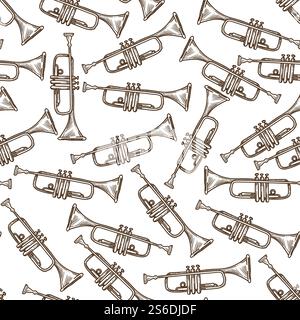 Wind musical instrument seamless pattern or trumpet. Trombone and sax for orchestra musicians, jazz melody. Performance or concert, classic tube. Monochrome sketch outline, vector in flat style. Trumpet wind musical instrument for orchestra seamless pattern Stock Vector