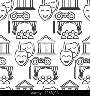 Opera or theatre seamless pattern. Performance of artists on scene and audience, colorless drama and comedy masks. Spectacles for zooming and curtains, theatrical disguises vector in flat style. Theatre drama and comedy mask, audience seamless pattern Stock Vector