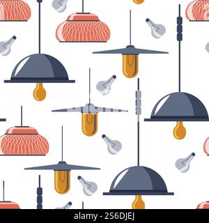 Lamps and light bulbs for loft or minimalist interior complement. Seamless pattern of chandelier with low energy light. Fluorescent or halogen, artificial bright, illumination. Vector in flat style. Hanging lamps and light bulbs seamless pattern vector Stock Vector