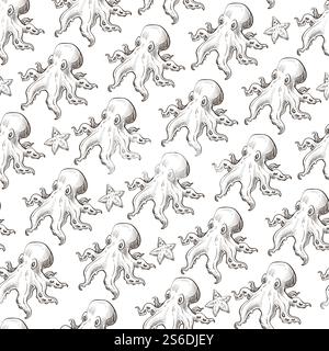 Aquatic animals, starfish and octopus with tentacles seamless pattern. Squid and seastar, sea or ocean creatures. Aquarium or fresh raw seafood. Monochrome sketch outline, vector in flat style. Sea octopus with tentacles, starfish oceanic creatures seamless pattern Stock Vector