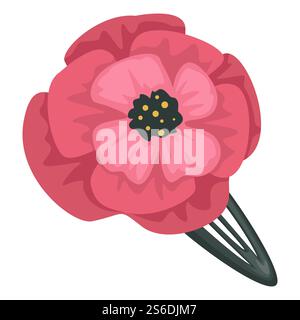 Decorative barrette with poppy blooming flower. Isolated icon of hair accessories for female hairdo. Metallic clip for hairdresser or stylist. Girlish adornment with ribbons, vector in flat style. Barrette with poppy flower decoration, female hair accessory Stock Vector