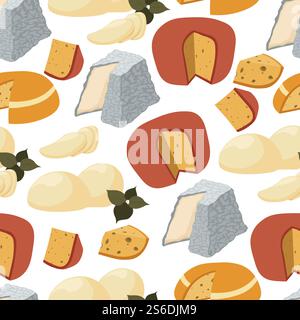 Dairy products of different content, seamless pattern of organic cheese sliced in pieces. Delicatessen assortment in shop or market. Cheddar and mozzarella, parmesan portion vector in flat style. Cheese slices, dairy products with herbs seamless pattern Stock Vector
