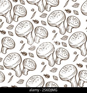 Pine mushroom raw organic vegetable seamless pattern. Matsutake and bugs, leaves of forest trees. Mushrooming hobby or cooking from ingredients. Monochrome sketch outline, vector in flat style. Matsutake mushroom and leaves, bugs seamless pattern vector Stock Vector