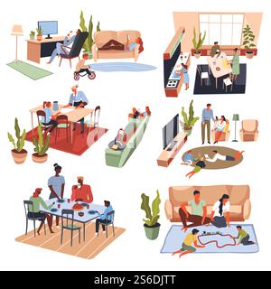 Parents and children spending time at home. Mother and father watching playing kids, family dinner or preparation of food together. Interiors of homes, mom and dad with son and daughter vector. Family dinner and gathering of parents and kids Stock Vector