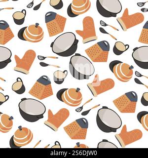 Utensils for kitchen seamless pattern of kitchenware. Saucepan with spatula and mixing spoon, protective glove for baking, saucers and mugs. Grater and dishes for serving food vector in flat. Kitchenware seamless pattern, saucepan with gloves and spatula Stock Vector
