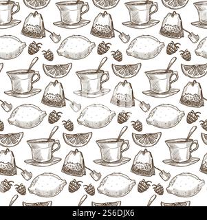 Hot tea beverage in cups seamless pattern. Raspberry berries and citrus lemon slices. Anti-inflammatory drink. Teabag for making tonic for dieting. Monochrome sketch outline, vector in flat style. Herbal tea with lemon and raspberry, seamless pattern Stock Vector