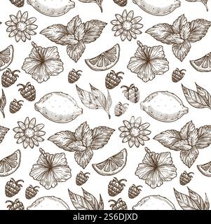 Fruits and flowers seamless pattern. Organic natural ingredients, raspberry and whole lemon. Blooming floral print, leaves of mint and herbs for food. Monochrome sketch outline, vector in flat style. Lemon and raspberries, flowers and leaves seamless pattern Stock Vector