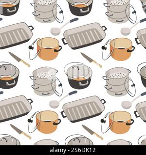 Sauces with lids, knives and spoons, frying pan seamless pattern. Kitchenware utensils and dishes used for cooking food. Preparation of meal, crockery cookware set. Appliances vector in flat style. Kitchenware saucepans with lids, frying pan seamless pattern Stock Vector