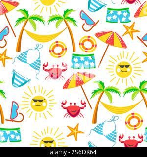 Tropical palm tree with hammock, marine flora and fauna seamless pattern. Crab and sun, seastar and lifebuoy. Male and female swimming suit. Funny summertime characters vacation, vector in flat. Summer holidays, tropical flora and fauna with clothes Stock Vector