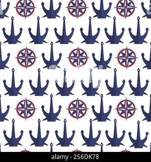 Marine adventures seamless pattern of anchors and compasses. Direction and navigation in voyage, naval elements nautical theme. Metal object used in vessels ships, vector in flat style illustration. Anchors and compasses seamless pattern nautical theme vector Stock Vector
