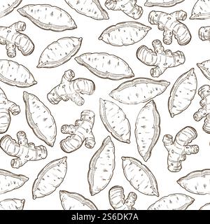 Sweet potato and ginger, organic veggies and spices seamless pattern. Turnip natural ingredient for dishes. Culinary recipes and healthy dishes. Monochrome sketch outline, vector in flat style. Ginger and sweet potato vegetables colorless seamless pattern Stock Vector