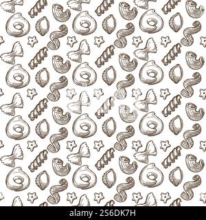 Italian pasta macaroni seamless pattern. Stelline or fusilli type of organic production. Twist shape of product. Gluten free menu for vegetarians, nutrition. Monochrome sketch outline, vector in flat. Stelline or fusilli Italian pasta, macaroni seamless pattern Stock Vector