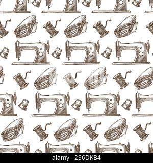 Thread and fabric cloth for making clothes, sewing machine seamless pattern. Fixing of clothing or dressmaking, atelier tailoring salon or workshop. Monochrome sketch outline, vector in flat style. Sewing machine, cloth and thread monochrome seamless pattern Stock Vector