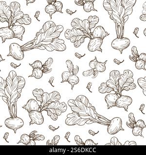 Nourishment and healthy eating, beetroot with leaves seamless pattern. Veggie for useful plant-based menu of vegan or vegetarian. Dieting or detox. Monochrome sketch outline, vector in flat style. Beetroot vegetable with leaves, ripe veggie seamless pattern Stock Vector