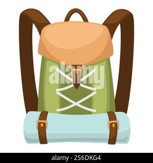 Backpack for traveling, camping vacation, bag with packed for trip. Baggage with mat, equipment for journey, portable rucksack with adjusting straps, pocket and leather material, vector in flat style. Touristic bag with mat for camping, traveling backpack Stock Vector