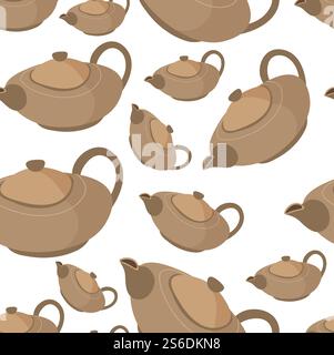 Teapot with handle and lid seamless pattern of tableware made of clay. Pottery hobby, handmade crockery product. Kitchenware container for liquids, durable material. Dishware vector in flat style. Clay teapot for tea serving, tableware seamless pattern Stock Vector