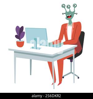 Alien working on project in office, extraterrestrial businessman, character wearing formal suit. Secretary typing info on keyboard. Workplace of space invader, monster with eyes, vector in flat. Extraterrestrial character working on personal computer at work Stock Vector